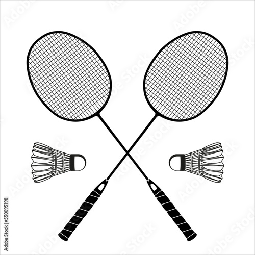 Flat black badminton rackets and shuttlecock black silhouettes, vector illustration isolated on white background. Essential badminton sport game equipment. Vector icon for app	