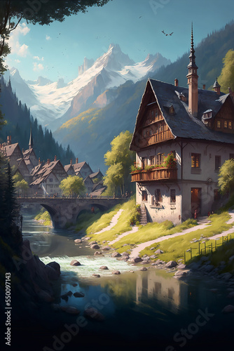 an illustration of a small village in the mountains by a lake