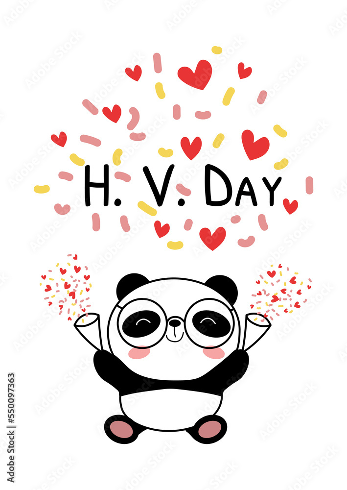 Valentines day card with baby panda vector illustration. Cute bear with firecrackers and confetti. H. V. Day phrase. Flat style For tee, print