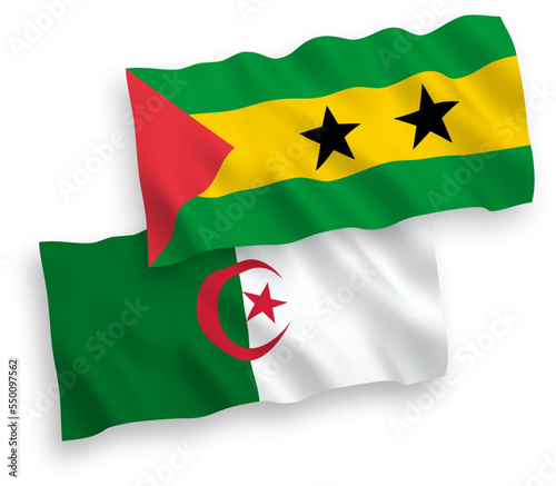 National vector fabric wave flags of Saint Thomas and Prince and Algeria isolated on white background. 1 to 2 proportion.