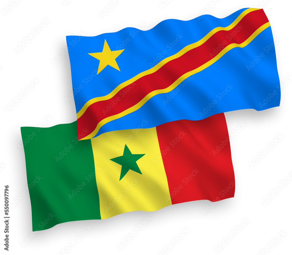 National vector fabric wave flags of Republic of Senegal and Democratic Republic of the Congo isolated on white background. 1 to 2 proportion.