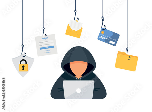 Hacker vector concept: Unknown man stealing data from the email while using laptop