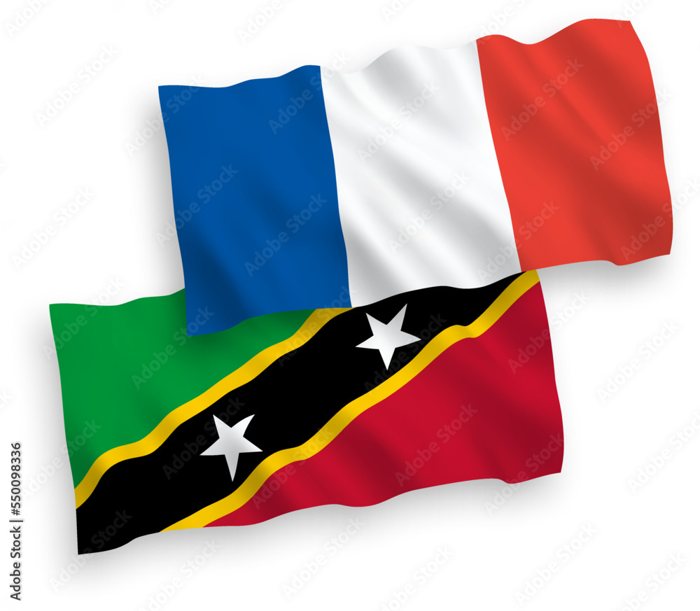National vector fabric wave flags of France and Federation of Saint Christopher and Nevis isolated on white background. 1 to 2 proportion. National vector fabric wave flags of France and Federation of Saint Christopher and Nevis isolated on white background. 1 to 2 proportion.