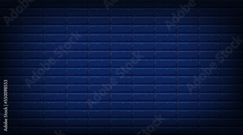 Nightly dark blue brick wall. Vector horizontal background for neon lights or text, brickwork texture.