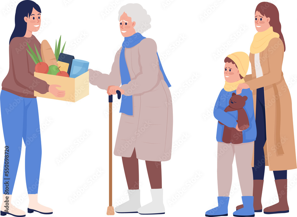 Family of refugees getting humanitarian aid semi flat color raster characters. Standing figures. Full body people on white. Simple cartoon style illustration for web graphic design and animation Family of refugees getting humanitarian aid semi flat color raster characters. Standing figures. Full body people on white. Simple cartoon style illustration for web graphic design and animation