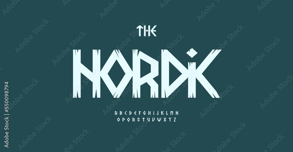 Nordic font alphabet letters. Modern logo typography. Runic Scandinavian typographic design. Wooden letter set for nature park logo, headline, title, monogram, lettering. Isolated vector typeset - obrazy, fototapety, plakaty 