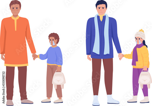 Father with child waiting for evacuation semi flat color raster characters set. Full body people on white. Simple cartoon style illustration collection for web graphic design and animation