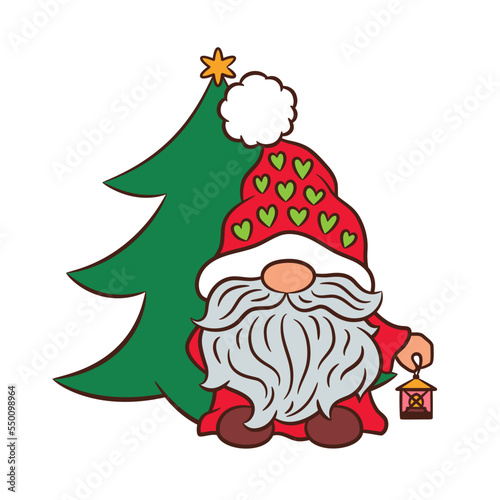 Cute Christmas gnome with lantern by the Christmas tree. Little Swedish gnome holding vintage lantern. Fun nordic dwarf cartoon character. Scandinavian elf Tomte new year vector. Red green Xmas color.