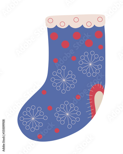 Christmas decorated stocking for gifts cartoon hand drawn simple doodle vector illustration, Merry Christmas and Happy New Year festive holiday decor, clipart for poster, greeting card, sticker