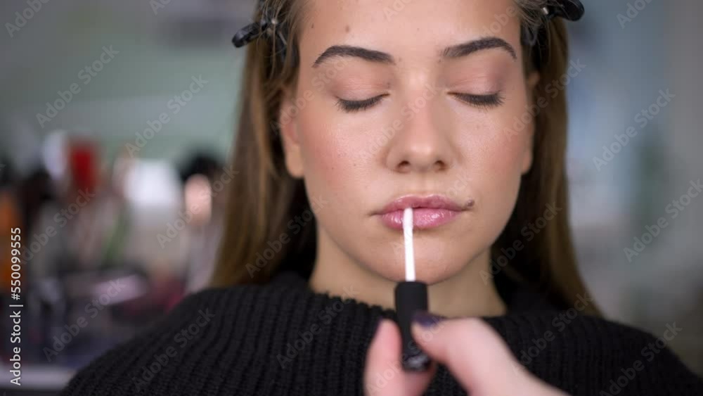 The professional make up artist putting lip gloss on model in salon. The professional make up artist putting lip gloss on model in salon.