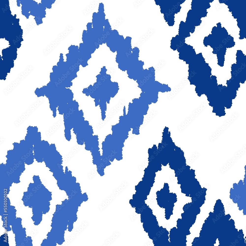 Hand drawn seamless pattern with ikat ethnic traditional indonesian fabric print. Blue indigo abstract geometric stripes lines design mid century modern splash stroke vibrant nautical print. Hand drawn seamless pattern with ikat ethnic traditional indonesian fabric print. Blue indigo abstract geometric stripes lines design mid century modern splash stroke vibrant nautical print.