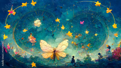 Astrological circular zodiac in the magical sky of a fairy tale, with pink colors. Fairy landscape with fairy and butterflies announcing a reading of the fairy stars.