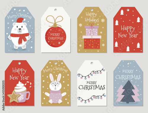 Set of vector cozy Christmas gift cards or tags with an inscription. Merry Christmas and Happy New Year. Happy Holidays.  photo