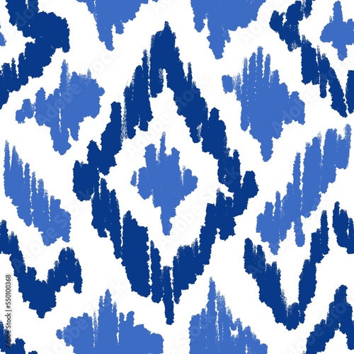 Hand drawn seamless pattern with ikat ethnic traditional indonesian fabric print. Blue indigo abstract geometric stripes lines design mid century modern splash stroke vibrant nautical print.