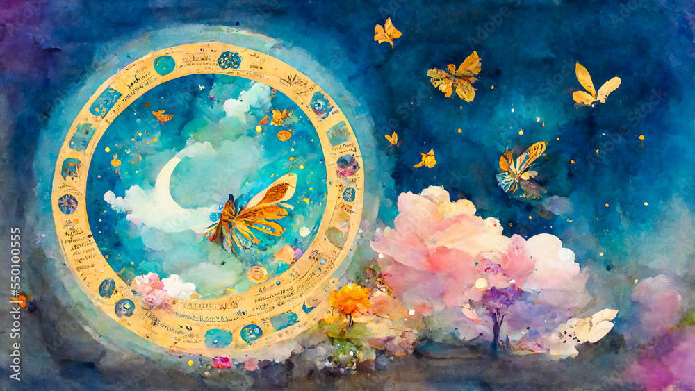 There is a magical zodiac in the sky of a fairy tale, with pink colors. There is a landscape with fairy and butterflies announcing a reading of the fairy stars.