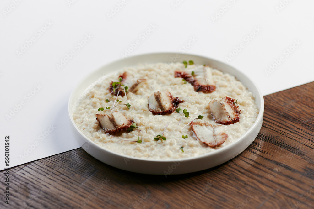 pearl barley porridge with parmesan, eel and tuna shavings pearl barley porridge with parmesan, eel and tuna shavings