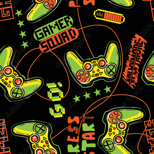 Seamless bright pattern with  joysticks. gaming cool print for boys and girls. Suitable for textiles, sportswear, web
