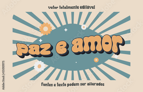 Texto estilo hippie groovy anos 60 ou 70 vetor editável com aparência de festas antigas retrô woodstock