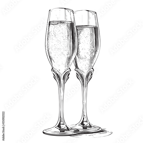 Two glasses of champagne sketch hand drawn engraved style Vector illustration.