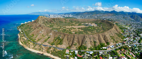 Helicopter overview of Diamond Head in Honolulu, Hawaii photo