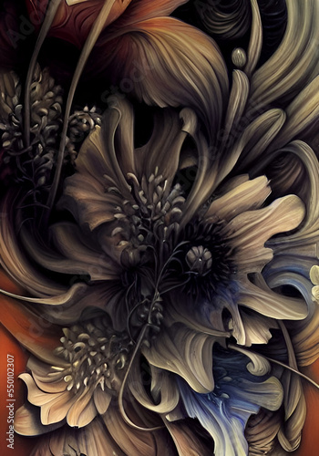 Art illustration abstract artistic dark beige background from patterns of flowers
