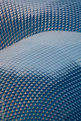 Ariel views of the roof of the Esplanade shot from the top of Republic Plaza in Singapore.
