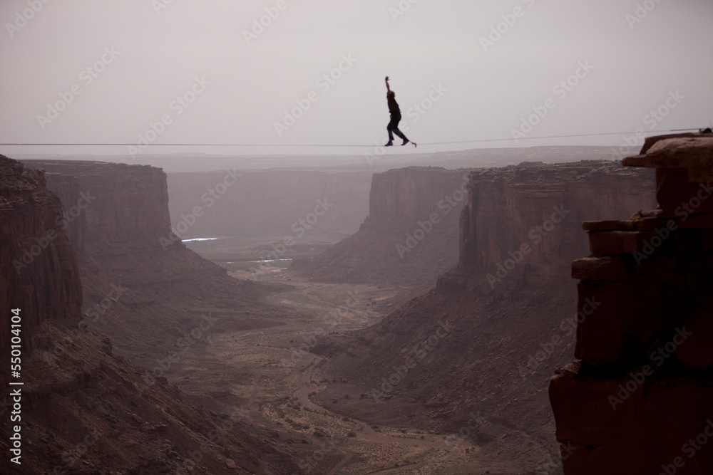 Andy Lewis working on a world record highline, three hundred and forty feet long, at the Fruit