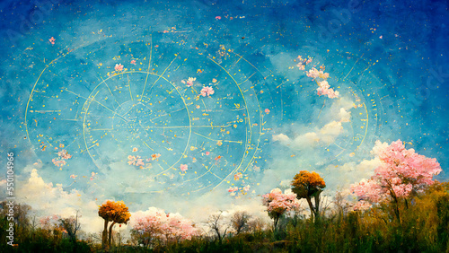 A beautiful and poetic view of a spring sky can be found in this zodiac. Flowers and symbols related to spring can be found throughout the painting. photo