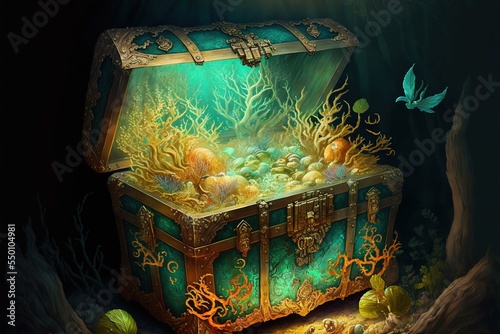 A open pirate chest sunken underwater with corals photo