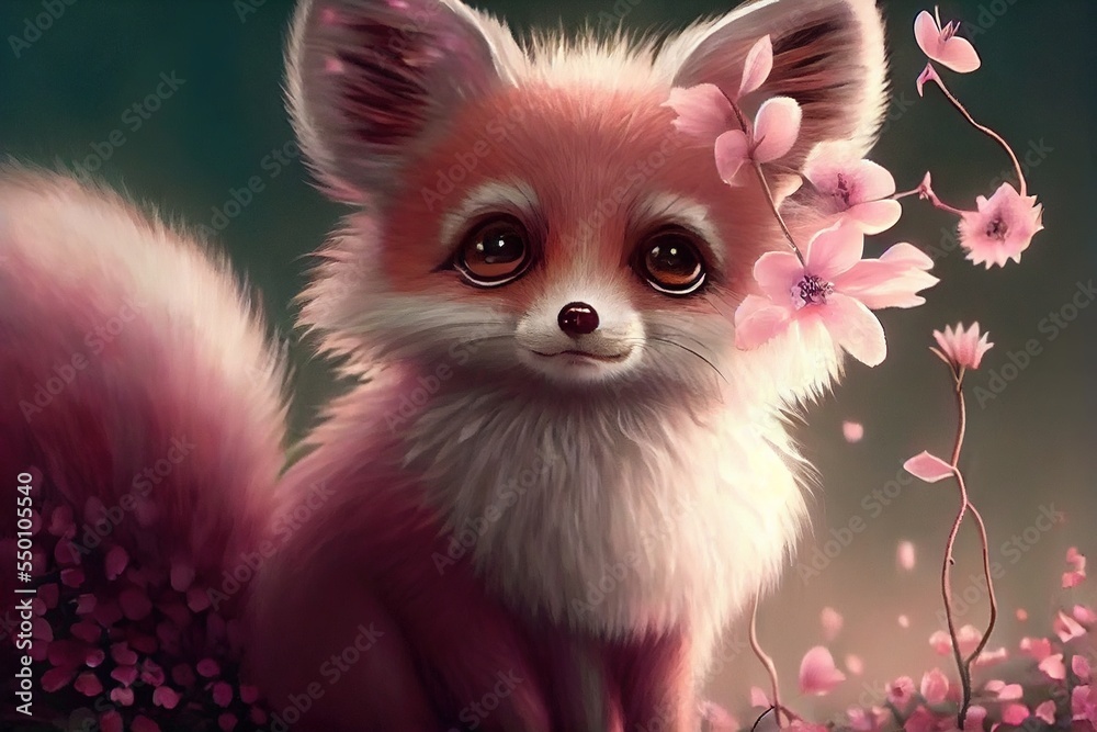 A cute pink baby fox with sakura branches A cute pink baby fox with sakura branches