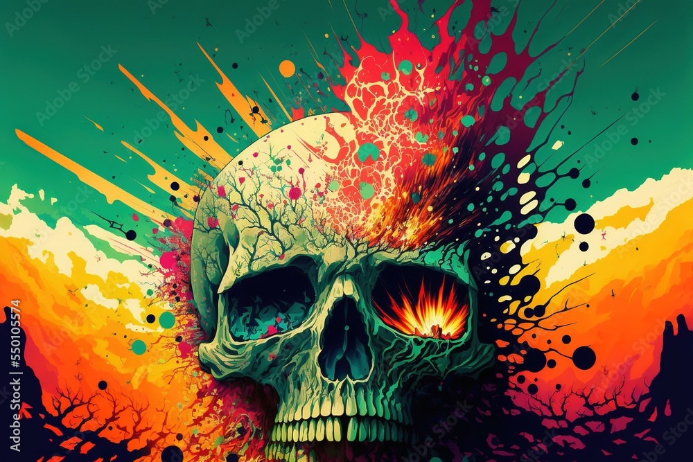 A skull exploding, drawing background style