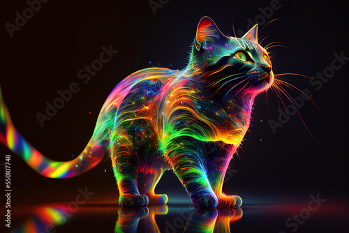 Digital illustration of an abstract cat shining in rainbow colors, infinite turbulence, fluorescent red colours comforting and relaxing design.