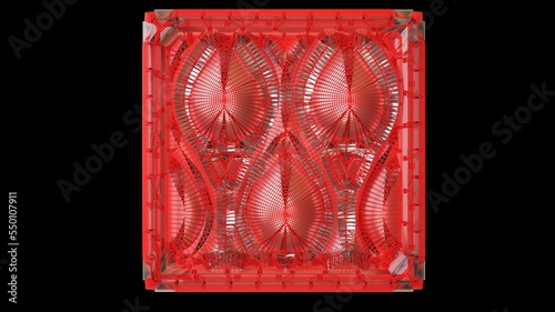 3D Illustration of an intricately designed pattern in red. Designers, Artists, Jewelers, and 3D Modelers must take a closer look to see how exactly the lattice or mesh is built.