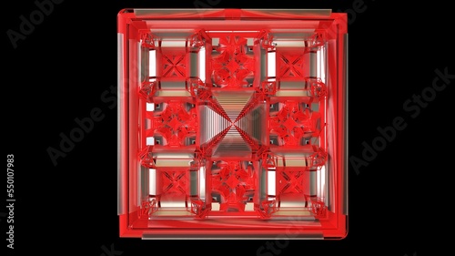 3D Illustration of an intricately designed pattern in red. Designers, Artists, Jewelers, and 3D Modelers must take a closer look to see how exactly the lattice or mesh is built.