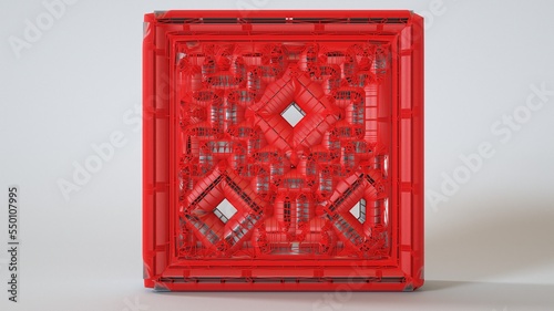 3D Illustration of an intricately designed pattern in red. Designers, Artists, Jewelers, and 3D Modelers must take a closer look to see how exactly the lattice or mesh is built.