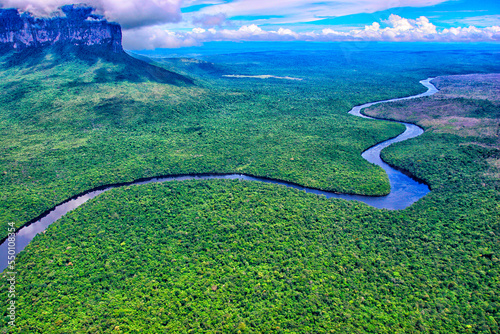 The meandering Carrao River seen from the air, in Canaima National Park, Venezuela photo