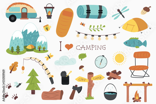 Camping and hiking isolated elements set in flat design. Bundle of trailer, sleeping bag, mat, tent, mountains, fishing rod, forest trees, firewood, canned food, ax and other. Vector illustration.