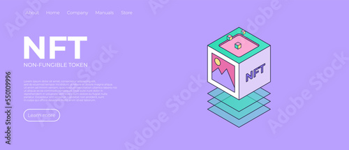 NFT theme design landing page. NFT abstract concept illustration in isometric design. Non-fungible token blockchain or marketplace. Vector illustration design