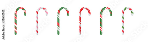 Candy cane icon set on white background. Red-green christmas candy sign. Symbol of winter holidays, xmas. Colored flat design.