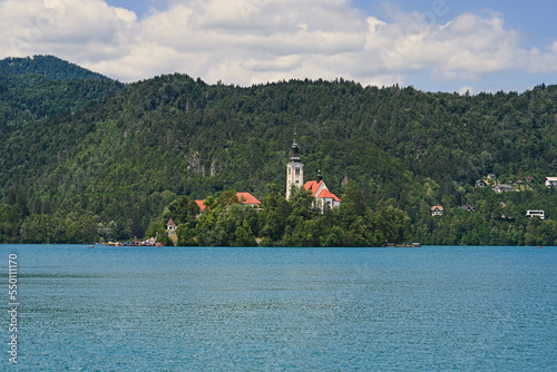 Lake Bled with St. Marys Church of Assumption on small island, Slovenia.
