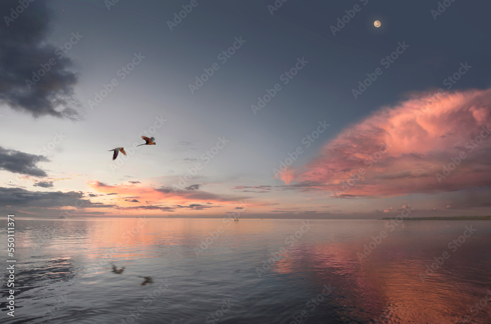 Macaw parrots flying over the Amazon River at sunset. Macaw parrots flying over the Amazon River at sunset.