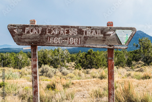 Old wooden sign reading Pony Express Trail, Elko, Nevada, USA photo