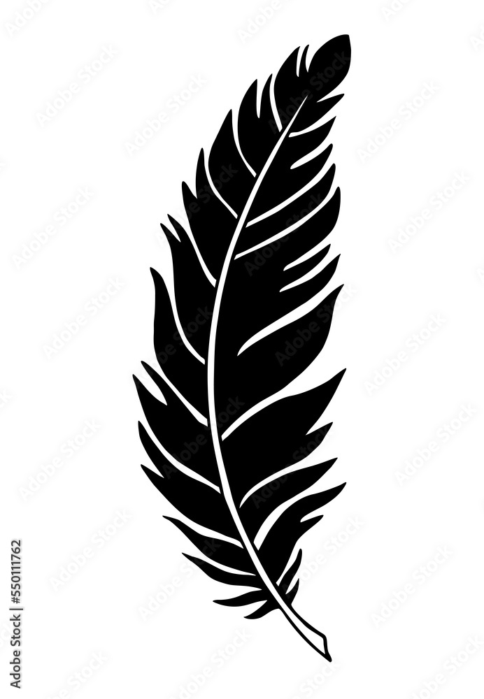 Black feather silhouette, illustration over a transparent background, PNG image
