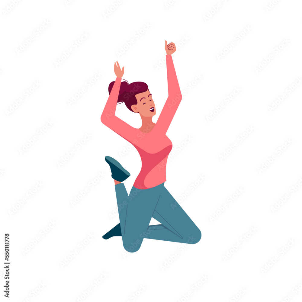 Happy Woman In Casual Clothes Jumping In Air And Laughing Isolated On White Background. Positive Female Character