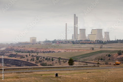 The Yan Lang coal fired power station in the Latrobe Valley, Victoria, Australia. It uses coal from this open cast coal mine across the road from it, as the Latrobe Valley has mass photo