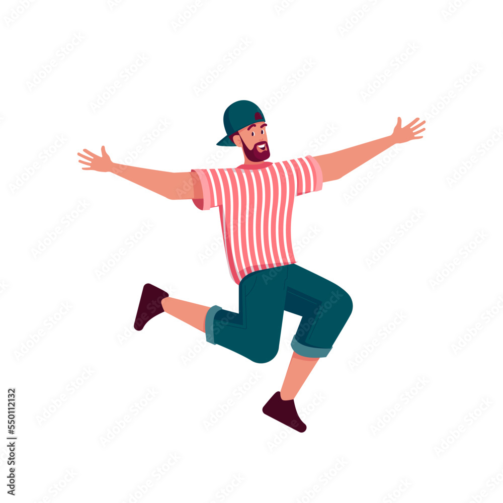 Happy Man In Trendy Clothes Jumping And Laugh Isolated On White Background. Positive Male Character Jump In Air