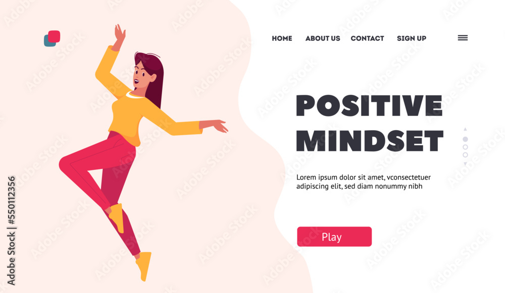 Positive Mindset Landing Page Template. Happy Woman Feel Happiness Jumping And Laugh. Female Character Rejoice