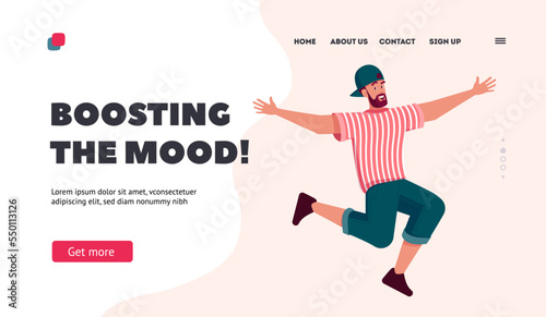 Boosting the Mood, Rejoice, Fun Landing Page Template. Happy Man in Trendy Clothes Jumping and Laugh Vector Illustration