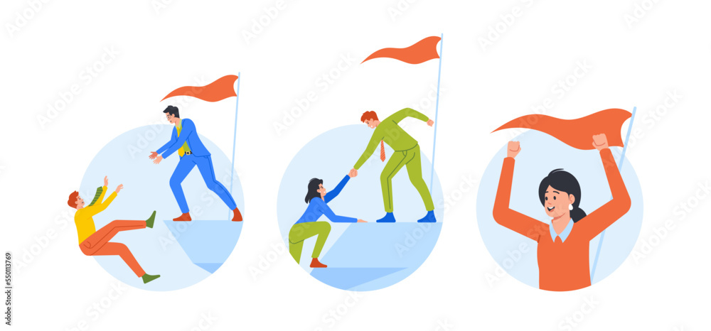 Business Support And Loss Isolated Round Icons Or Avatars. Characters Climb The Mountain Top And Fall Down