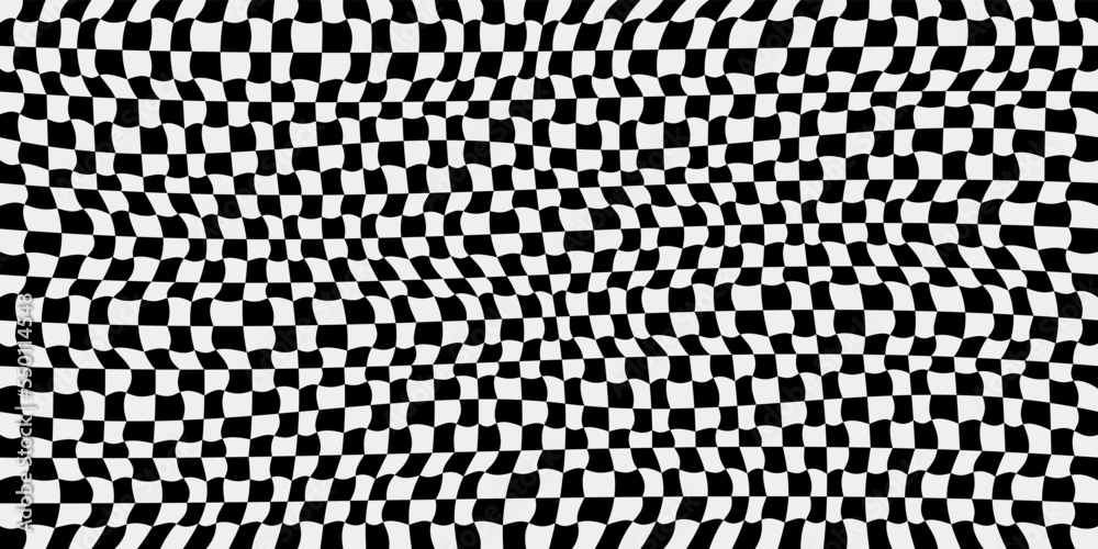 Checkerboard distorted black and white pattern. Print and stylish interior design. Seamless vector decor pattern.